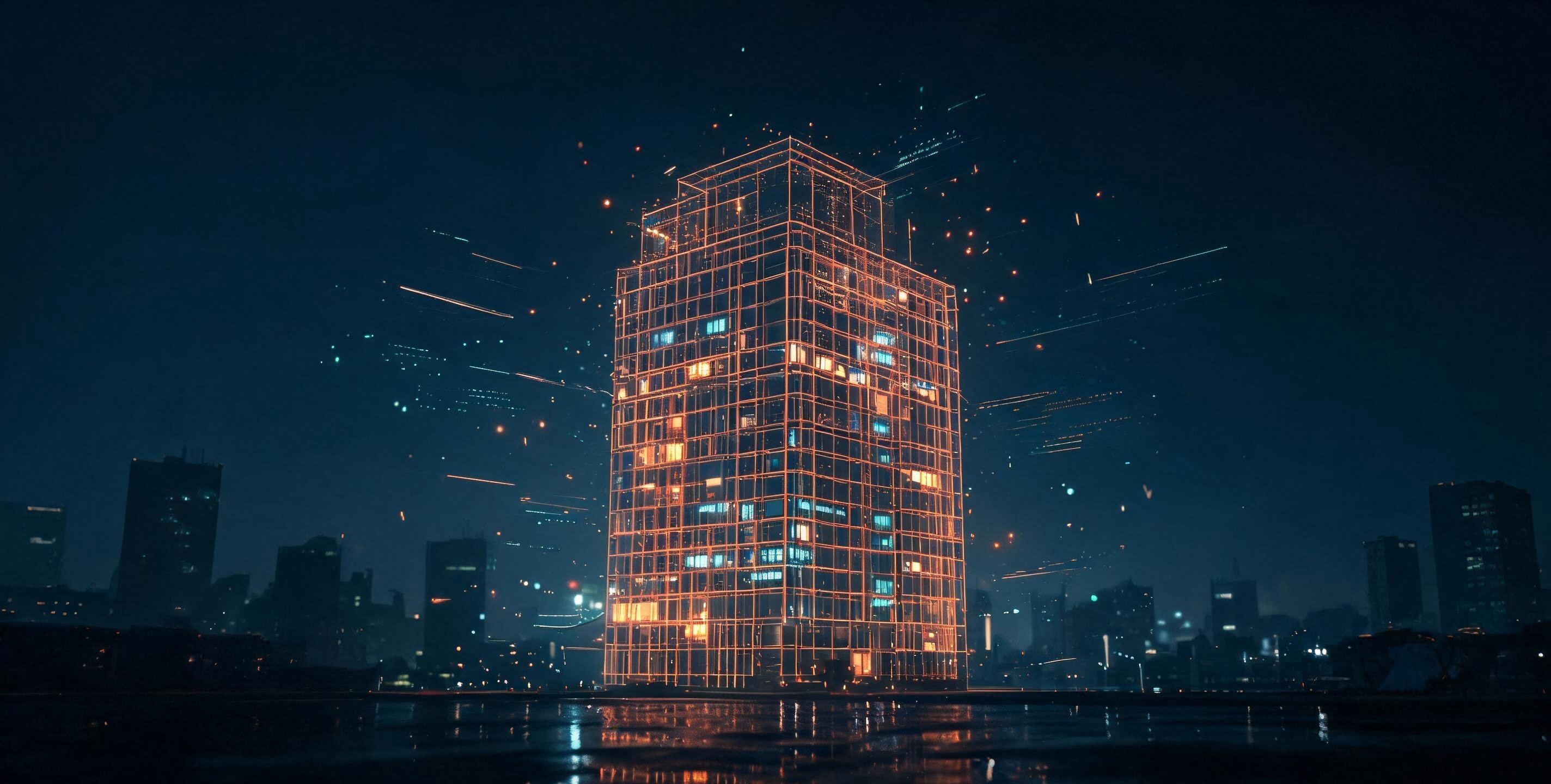 数字灯光勾勒的建筑线框夜景